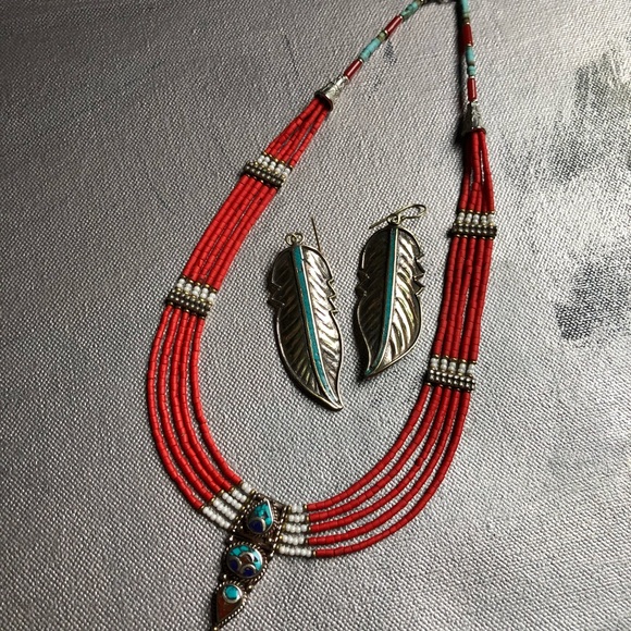 Tibetan Turquoise Inlay Feather Brass Earrings - Picture 5 of 6